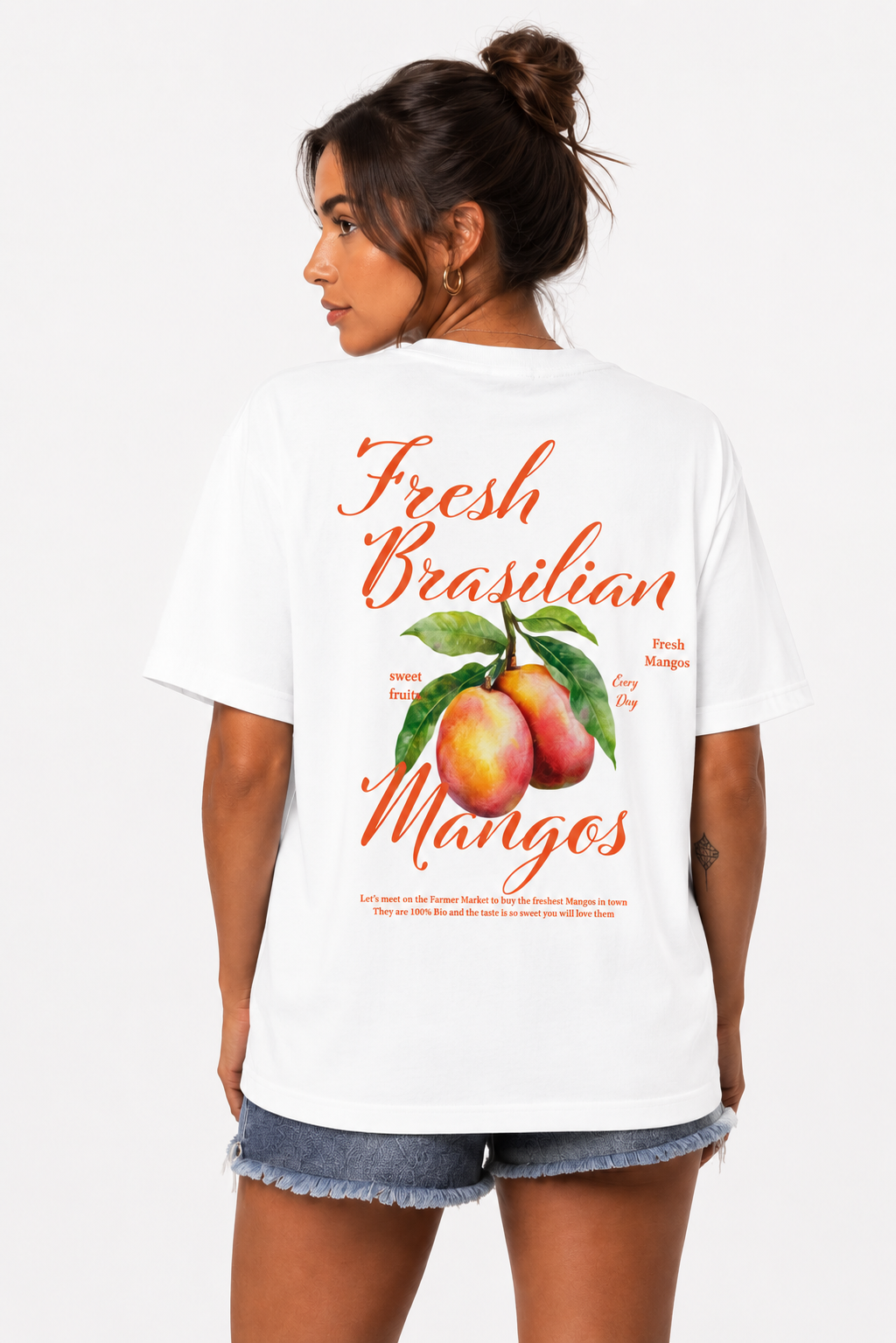Unisex Brasilian Mango T-shirt by SABRYCloth.Studio featuring a vibrant tropical mango print on soft cotton fabric