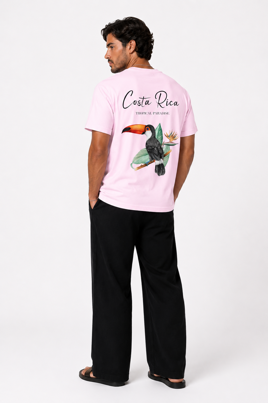 Unisex Costa Rica T-shirt by SABRYCloth.Studio featuring a colorful tropical island design on soft cotton fabric.