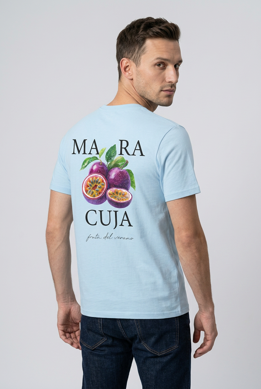Unisex blue Maracuja T-shirt by SABRYCloth.Studio featuring a vibrant Maracuja fruit graphic on the front.