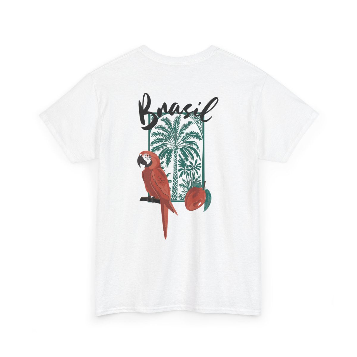 Unisex Tropical Brazil T-Shirt by SABRYCloth.Studio featuring colorful parrot print, ideal for summer vacation and travel to Brazil.