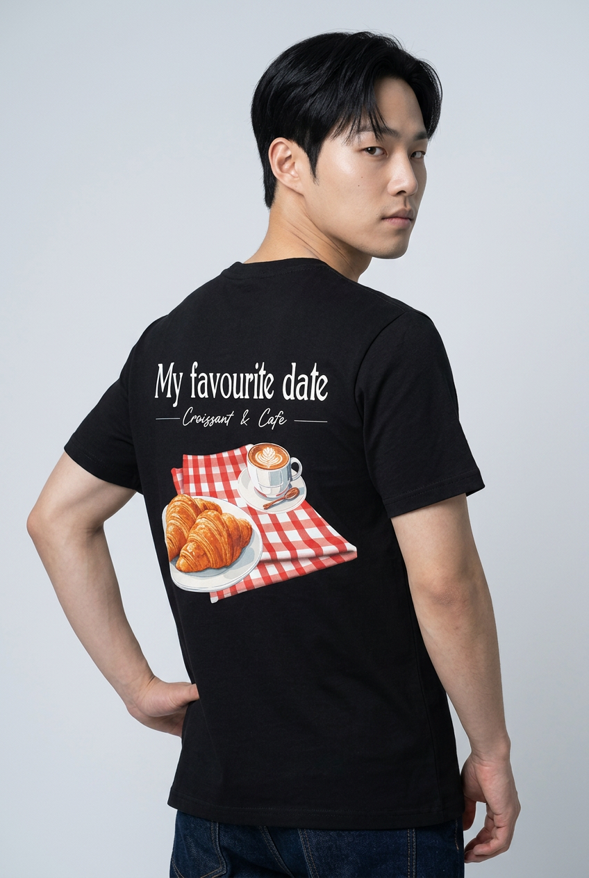 Unisex T-Shirt from SABRYCloth.Studio featuring a croissant and coffee print on a casual cotton fabric.