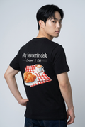Unisex T-Shirt from SABRYCloth.Studio featuring a croissant and coffee print on a casual cotton fabric.