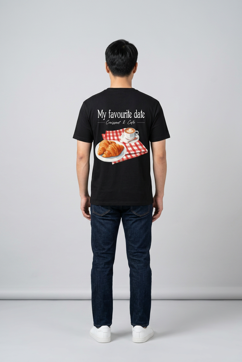 Unisex T-Shirt by SABRYCloth.Studio featuring a croissant and coffee graphic design on the front.