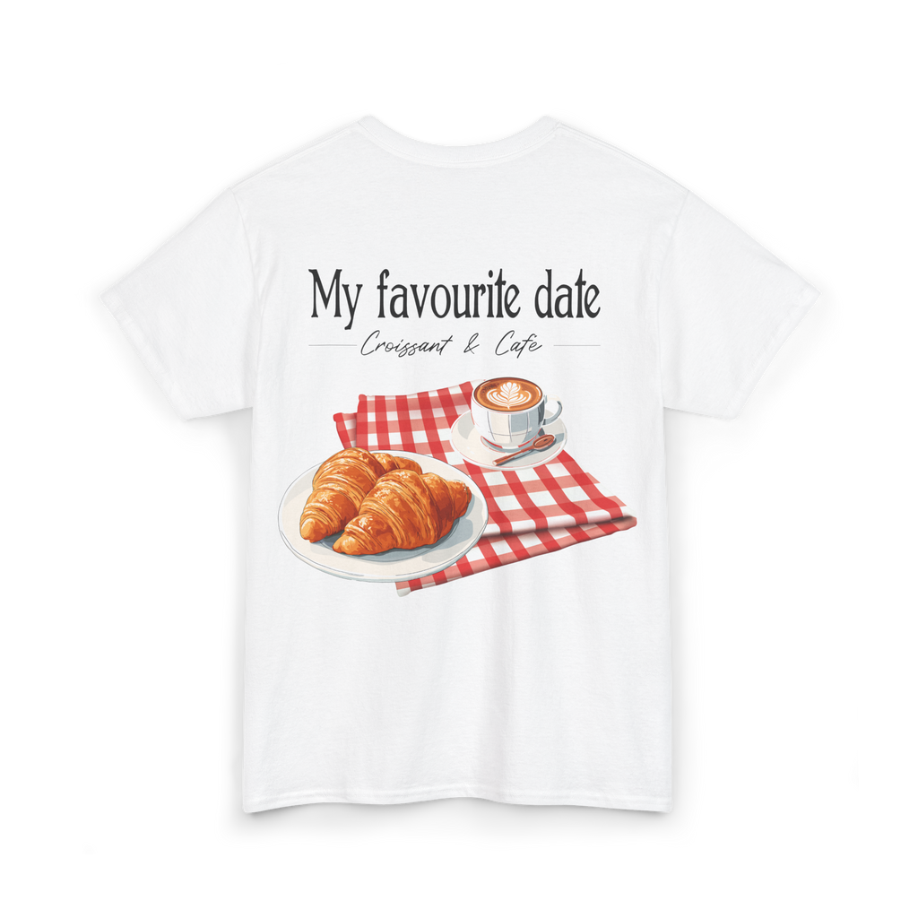 Unisex T-Shirt by SABRYCloth.Studio featuring a croissant and coffee graphic design on front.