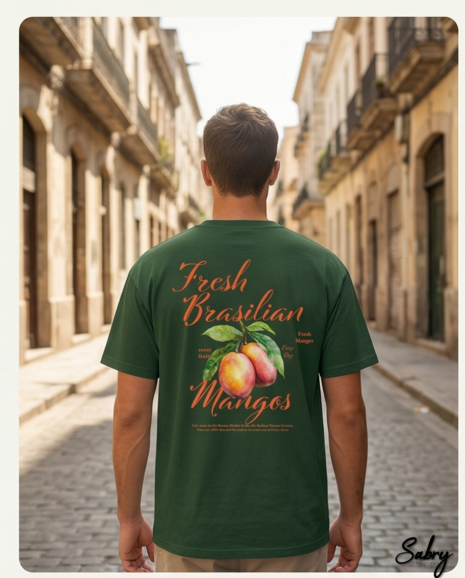 Unisex Brazilian Mango T-shirt by SABRYCloth.Studio featuring vibrant mango print on a casual cotton tee.