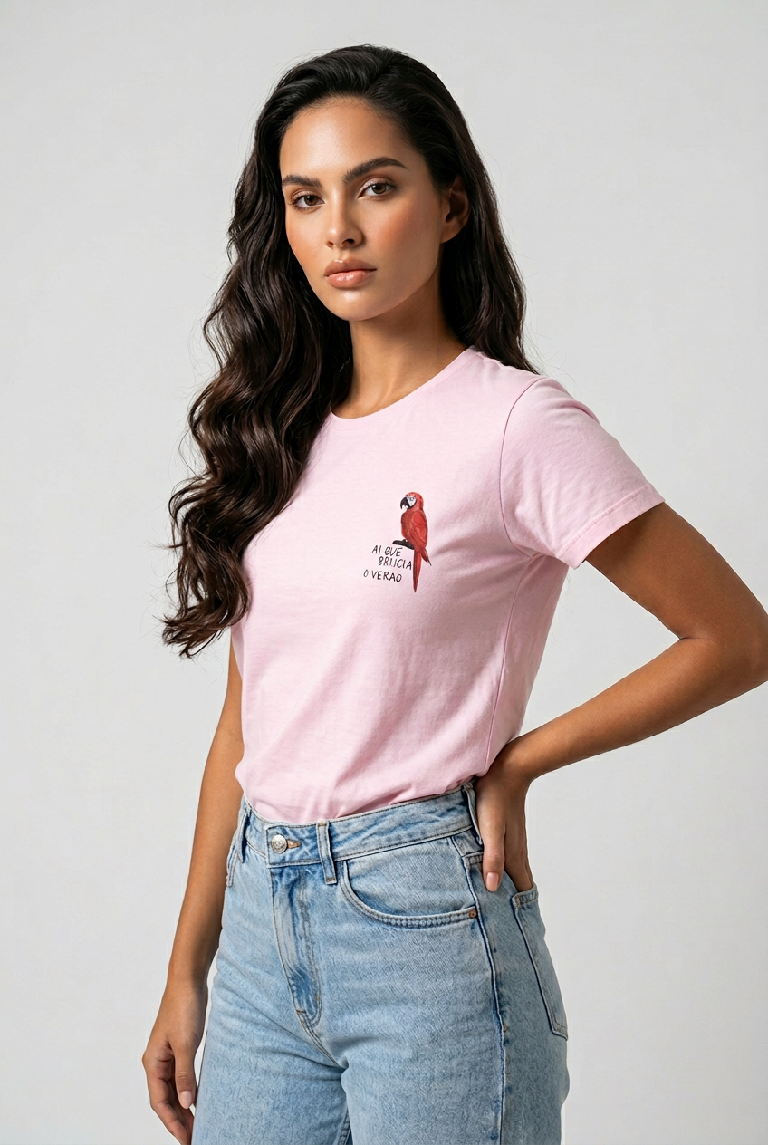 Bright tropical Brazil T-shirt by SABRYCloth.Studio featuring a colorful parrot graphic on soft fabric.