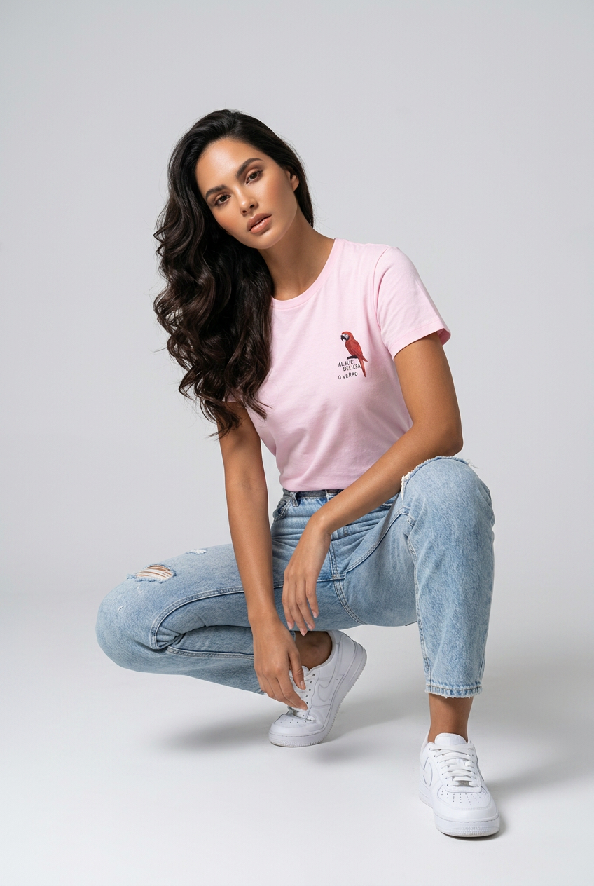 Colorful Tropical Brazil T-Shirt from SABRYCloth.Studio featuring vibrant parrot and tropical bird print on soft fabric.