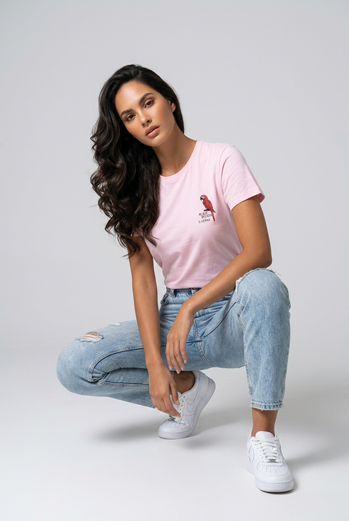 Colorful Tropical Brazil T-Shirt from SABRYCloth.Studio featuring vibrant parrot and tropical bird print on soft fabric.