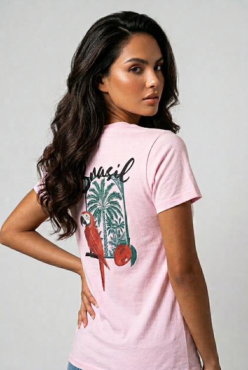 Colorful Tropical Brazil T-Shirt by SABRYCloth.Studio featuring a vibrant parrot design on soft fabric.